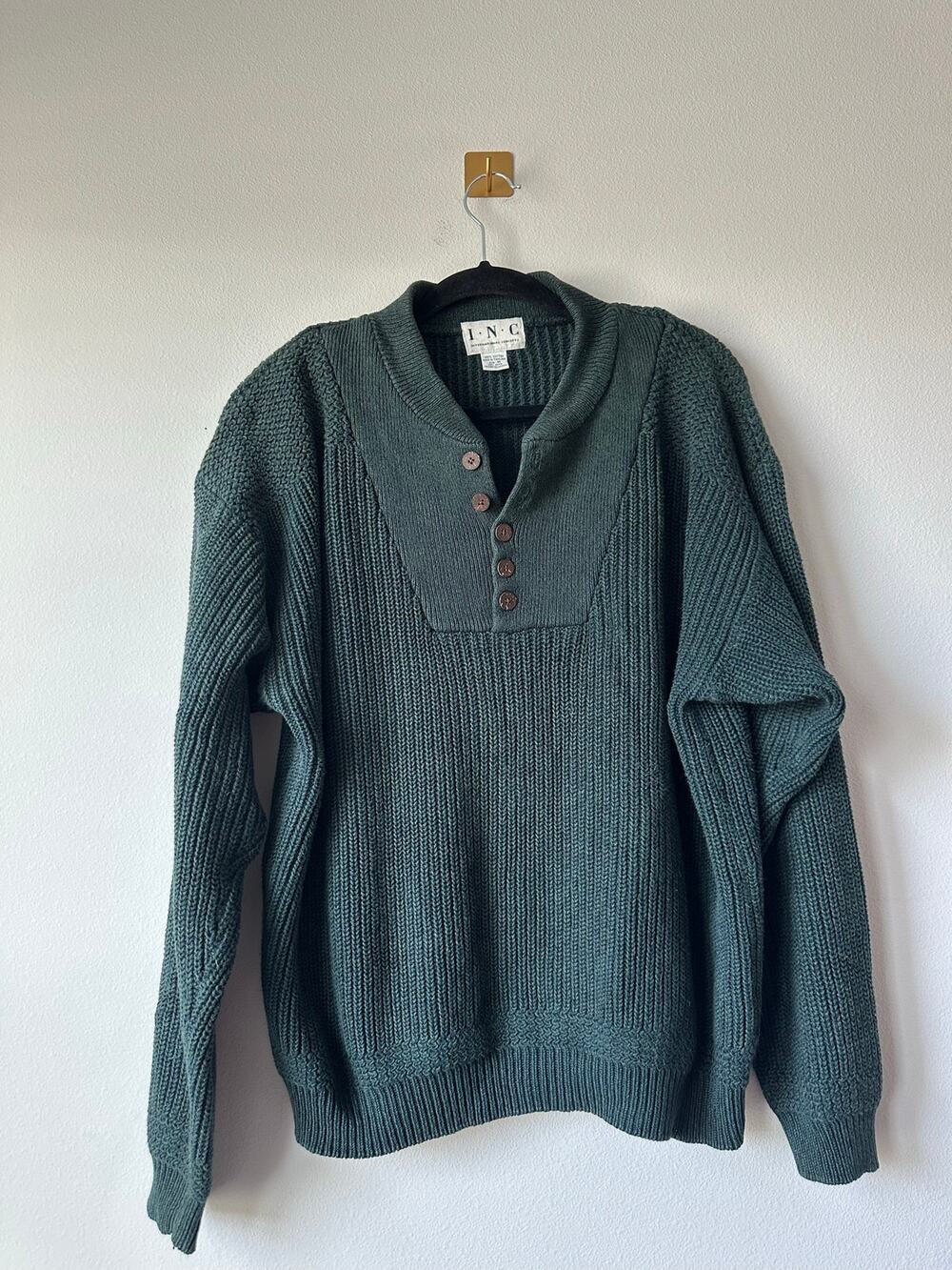 Vintage 90s Forest Green Chunky Knit Sweater Oversized Grandpa Dark Academia M